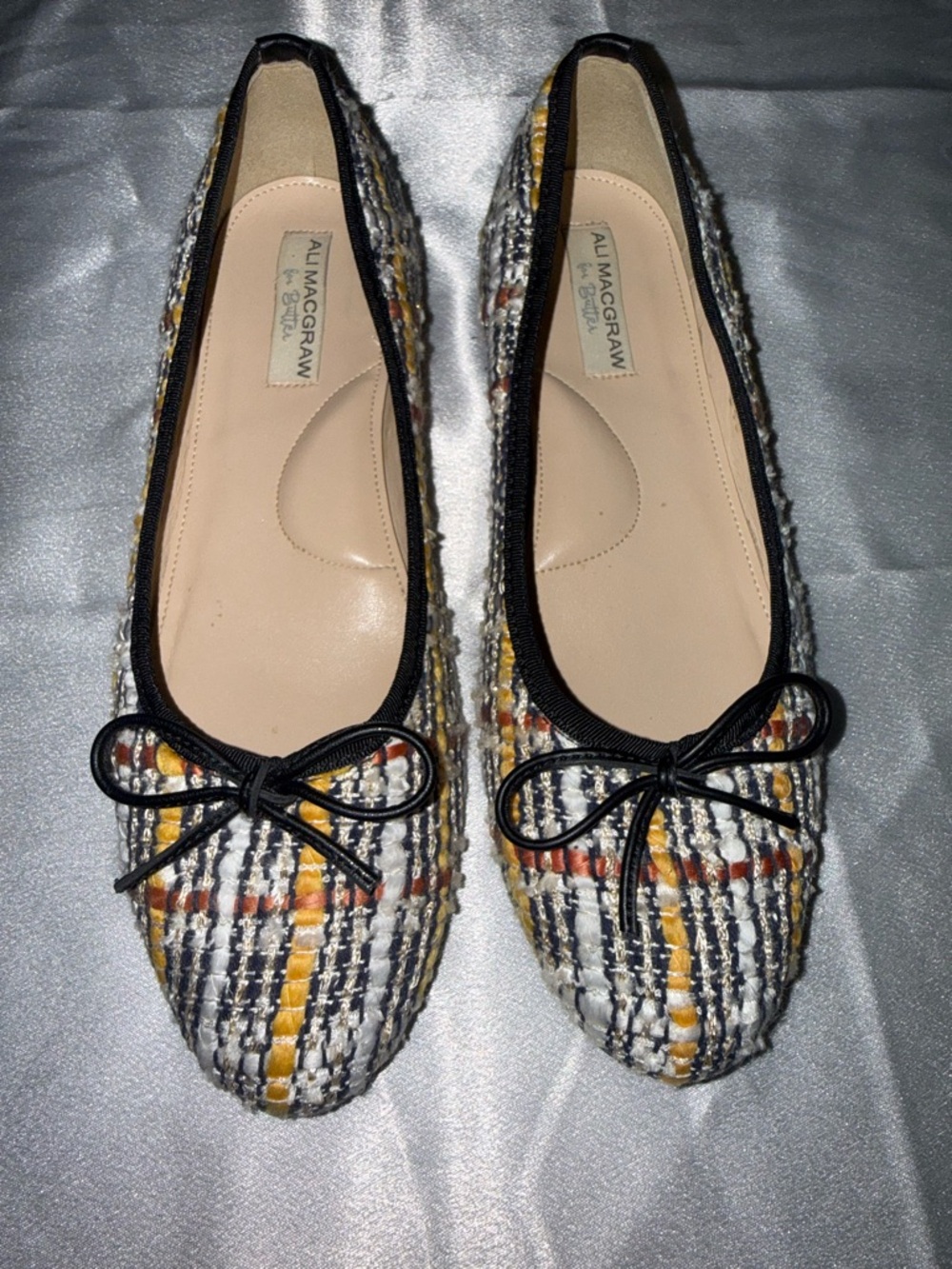 Yellow Multi Tweed Ballet Flats with Black Trim